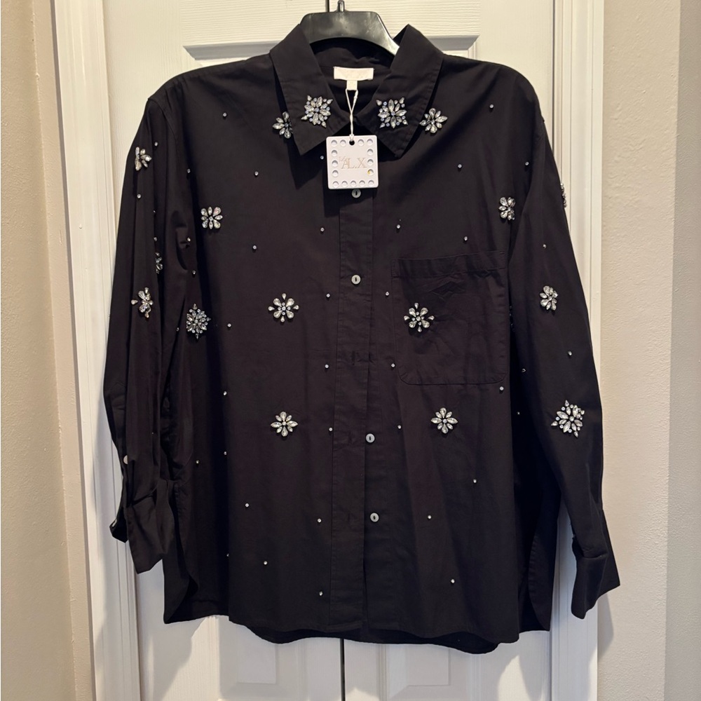 Elegant Black Embellished Button Down Shirt